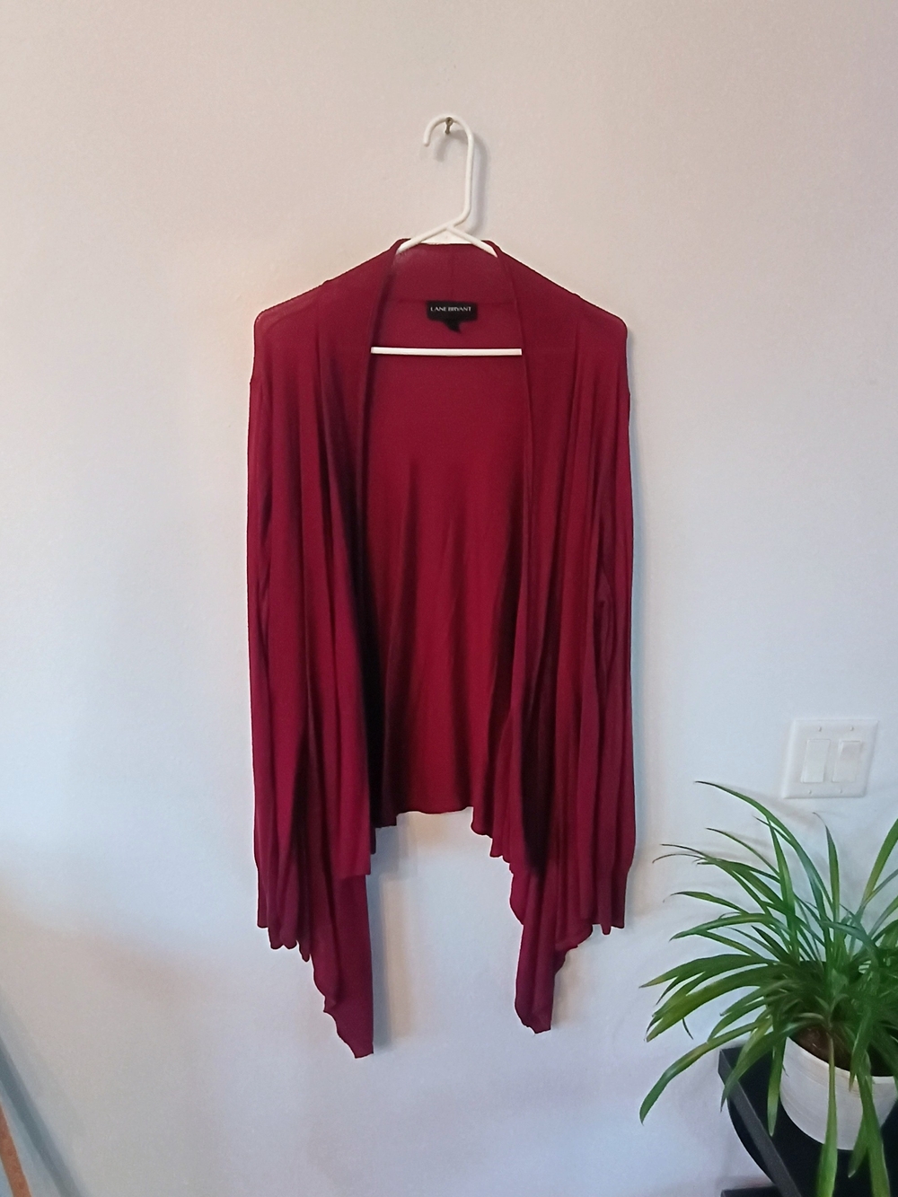 Lane Bryant 14/16 Burgundy Waterfall Cardigan Open Front Draped Plus Size 28 Pit